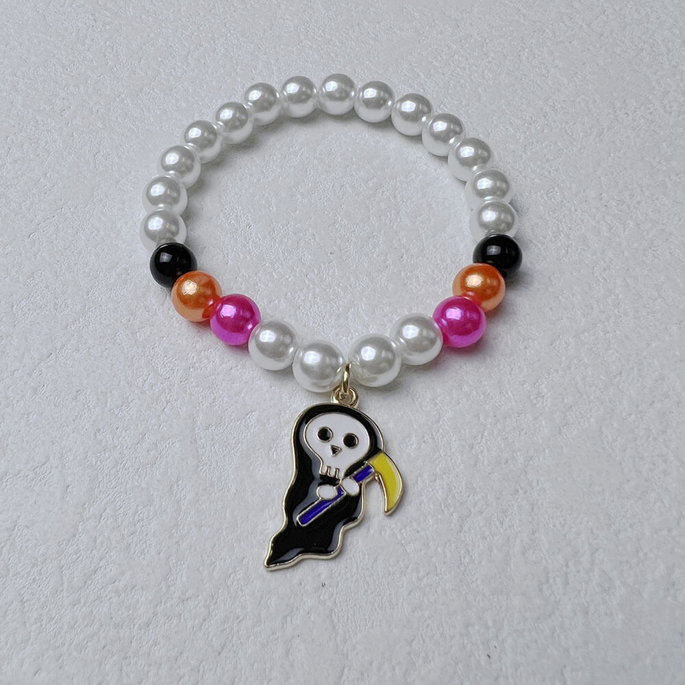 Halloween Pumpkin Bat Bracelet Acrylic Faux Pearl Orange Line Bracelet