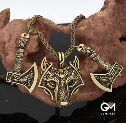 Viking Crow Wolf Head Axe Pendant Necklace