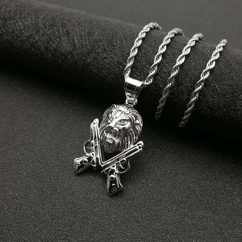 Hip Hop Jewelry Gold Plated Zircon Pistol Lion Head Pendant