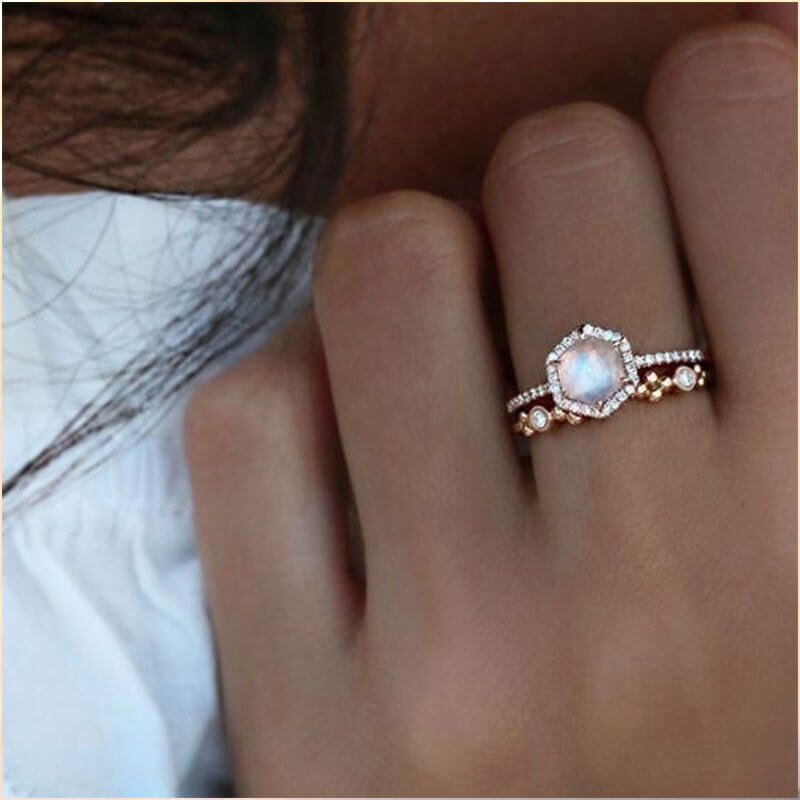 Halo Hexagon Moonstone 2 PCS Ring