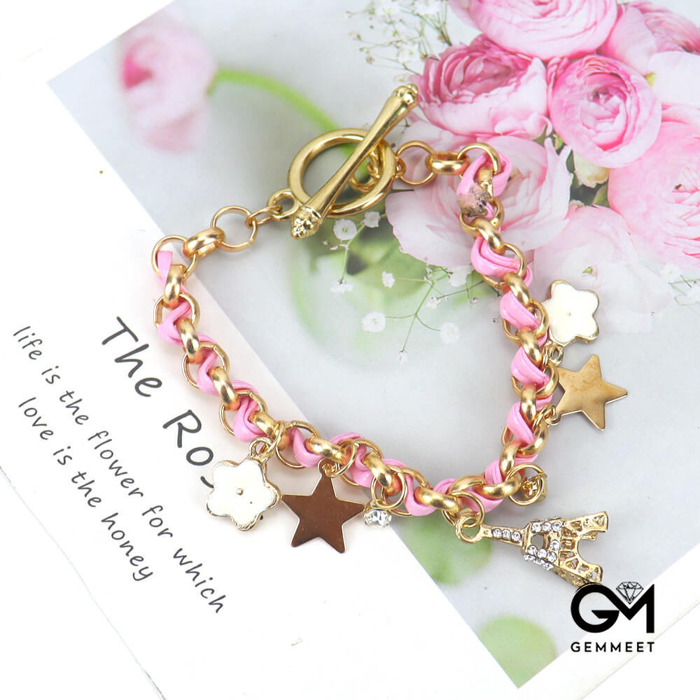 Leather Rope Flower Tower Zircon Star Bracelet