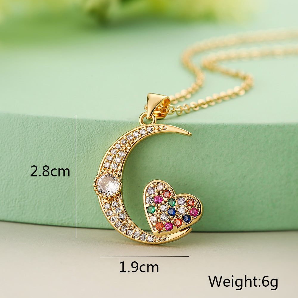 Full Stones Rabbit & Heart Moon Pendant Necklace