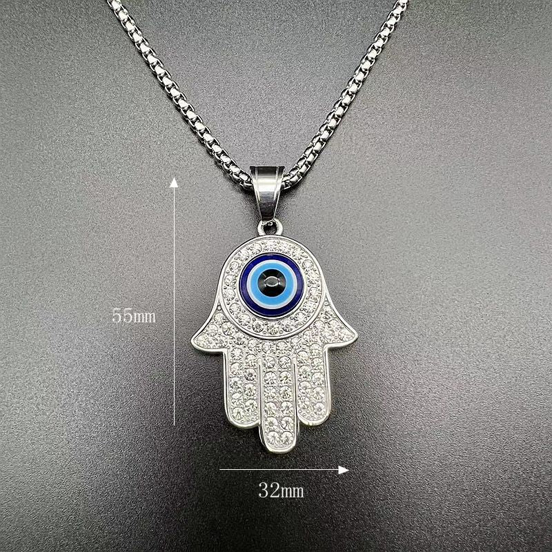 HIPHOP Gold Plated Zircon Blue Eyes Hand of Fatima Pendant