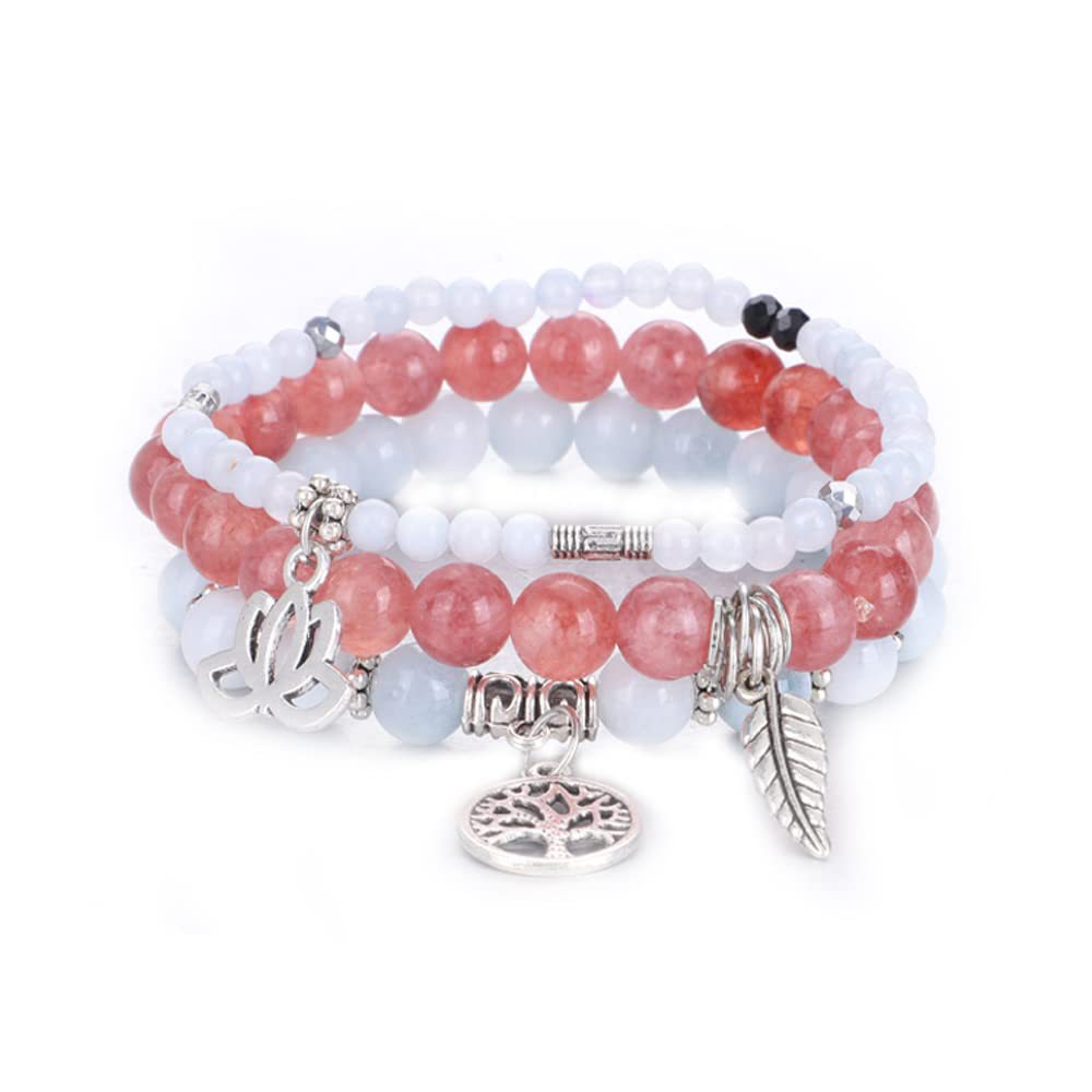 Life of Tree Lotus & Leaf Symbol Rose Quartz & Aquamarine Bracelet