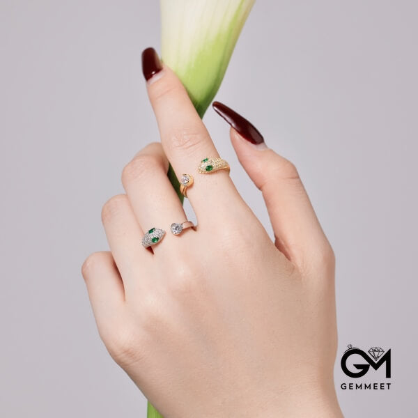 S925 Silver Snake Head Green Oval Zircon Eye Ring