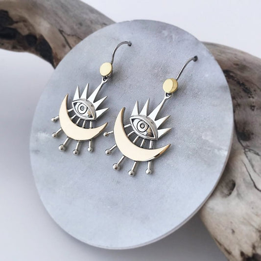 Evil Eye Earrings With Crescent Moon Rays Earrings