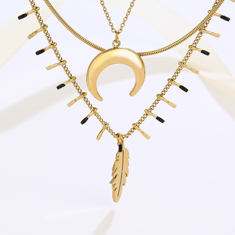 Three-layer Clavicle Chain Moon Feather Necklace