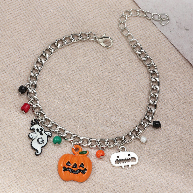 Halloween Punk Chunky Chain Pumpkin Imp Skull Pendant Bracelet