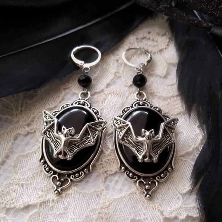 Obsidian & Ruby Halloween Bat Earrings