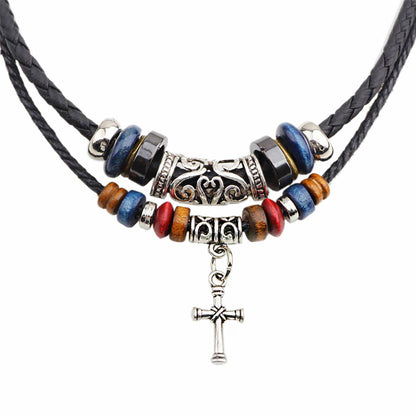 Men Leather Double Layered Braided Beaded Cross Necklace