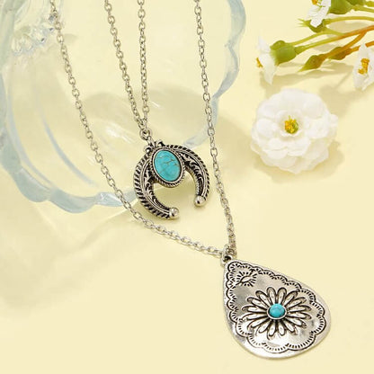 Turquoise Drop Carved Double Layer Pendant Necklace