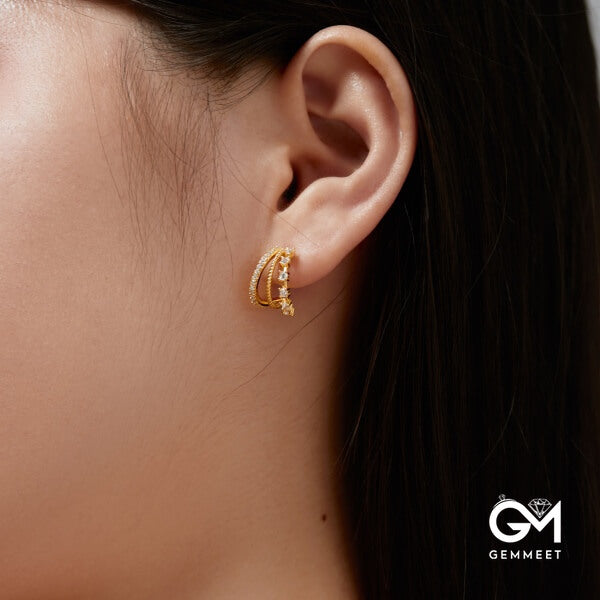 S925 Pure Silver Zircon Hollow Half-round Golden Earrings