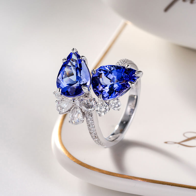 New Temperament Light Luxury Double Diamond Tanzanite Blue Water Drop Pear-shaped Simulation Sapphire Color Treasure Ring