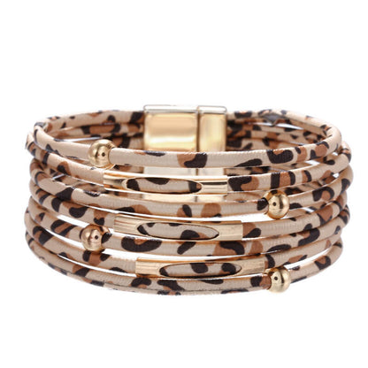 Alloy Leopard Print Magnet Buckle Leather Strap Bracelet