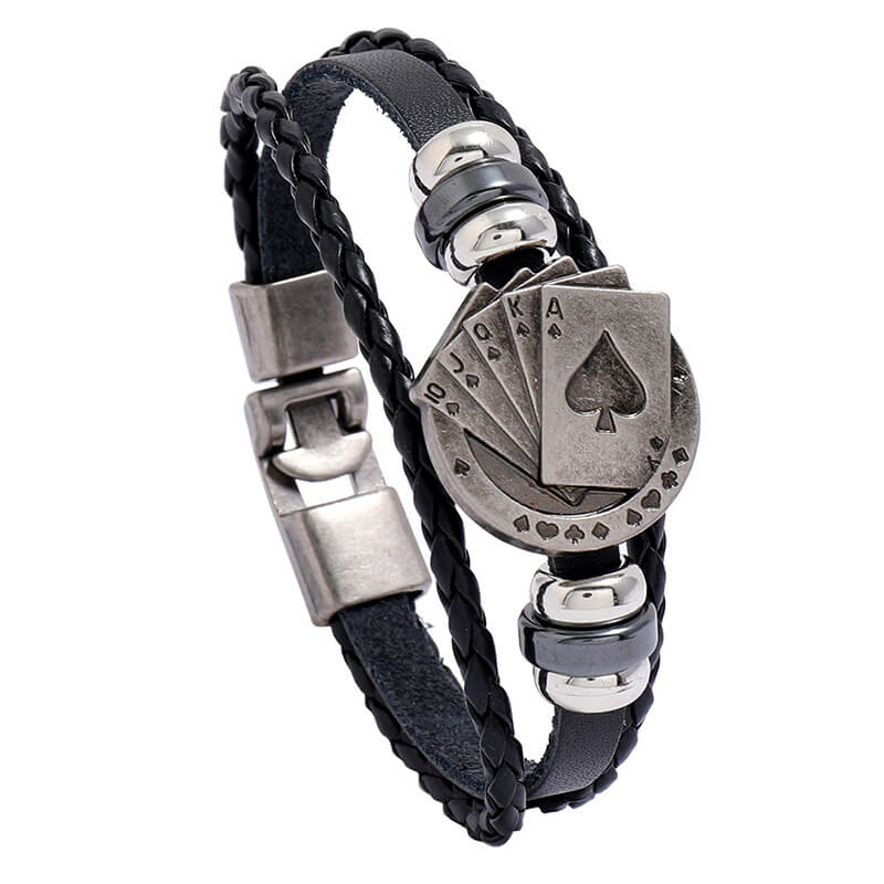 Braided Leather Hand Playing Card Beaded Buckle Leather Bracelet