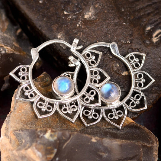 Presale: Boho Hollow Flower Moonstone Hoop Earrings