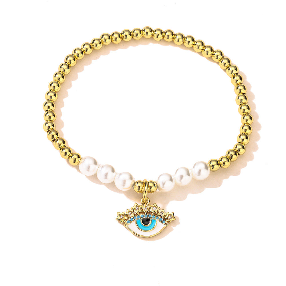 Halo Evil Eye Pendant Pearl Bead Bracelet