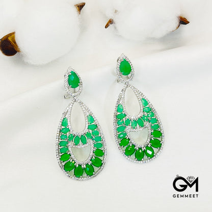 Pear-Shaped Center Hollow Green Stone Pendant Earrings