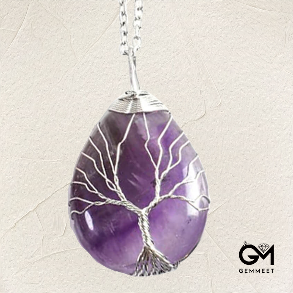 Wrap Silk Tree of Life Amethyst Drop Necklace