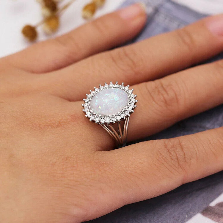 Oval White Opal Wedding Ring