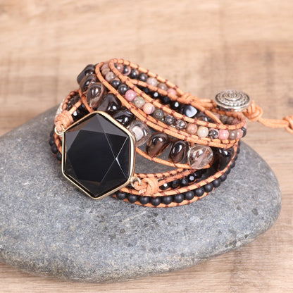 Bohemian Multi-Layered Decorative Hexagonal Obsidian Bracelet