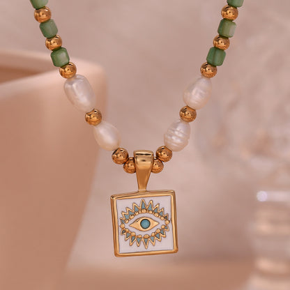 Green Stone Devil's Eye Pendant Necklace