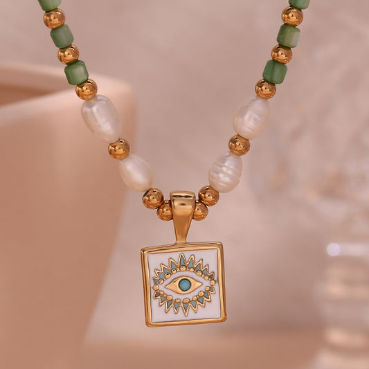 Green Stone Devil's Eye Pendant Necklace