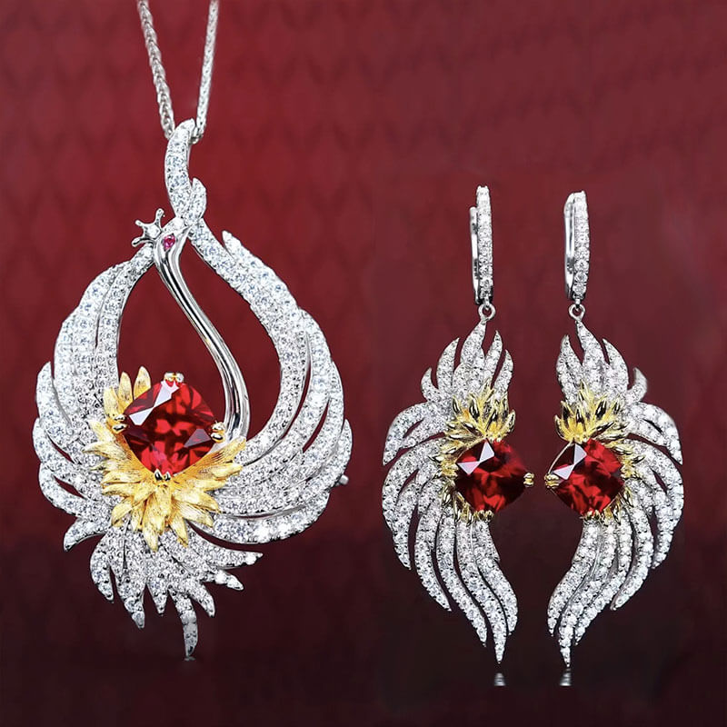 Imitation Red Corundum Fire Phoenix Earrings Bright Pigeon Blood Ruby Crane Pendant Brooch Double Wear