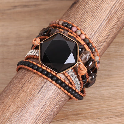 Bohemian Multi-Layered Decorative Hexagonal Obsidian Bracelet