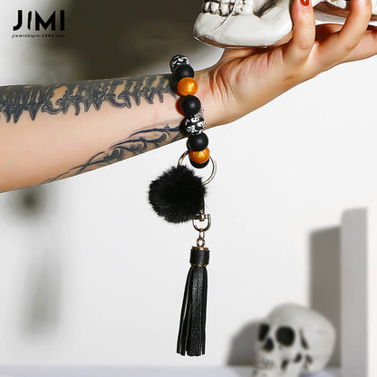 Halloween Ethnic Bracelet Key Ring Decompression Silicone Bead Ball Tassel Ghost Head Skull Bracelet Keychain