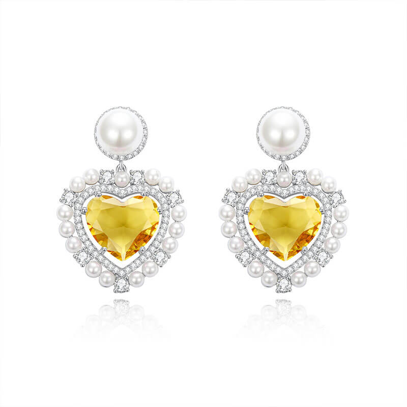 Zircon Yellow Diamond Heart and Pearl Earrings Brilliant Pink Diamond Stud Earrings