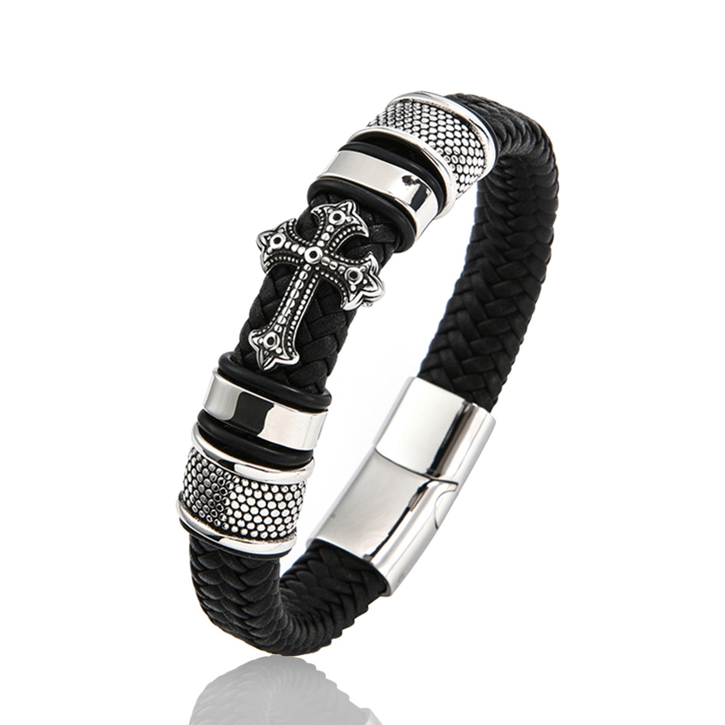 Cross Leather Braided Bracelet with Magnetic Buckle for Men