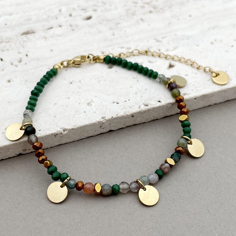 Natural Stone Beaded Titanium Disc Charm Bracelet