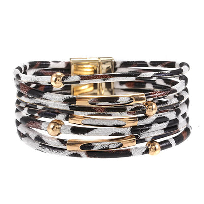 Alloy Leopard Print Magnet Buckle Leather Strap Bracelet