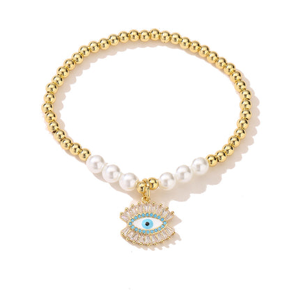 Halo Evil Eye Pendant Pearl Bead Bracelet