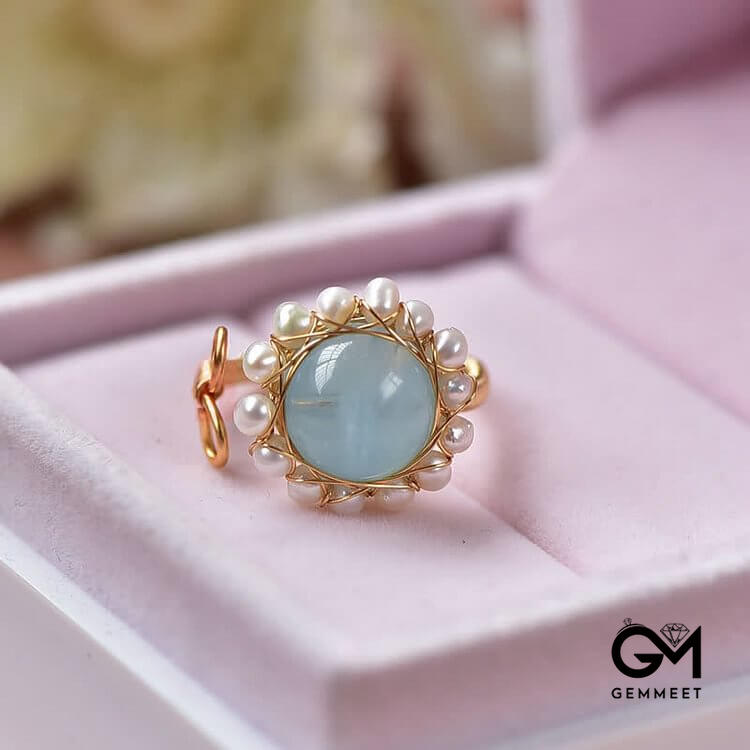 Aquamarine With Pearl Retro Ring