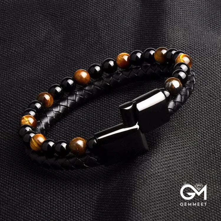 Tiger Eye Leather Rope Double Layer Bracelet