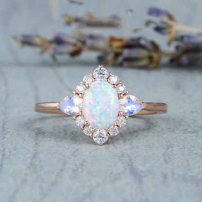 Oval Cut Moonstone Full Stones Halo RIng