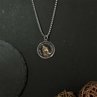 Men's Prayer Hand Metal Coin Necklace