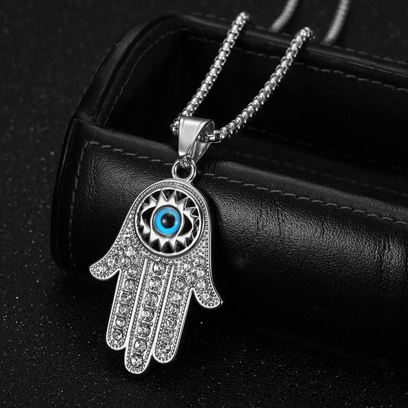 Hiphop Gold Plated Zircon Blue Eyes Hand of Fatima Pendant