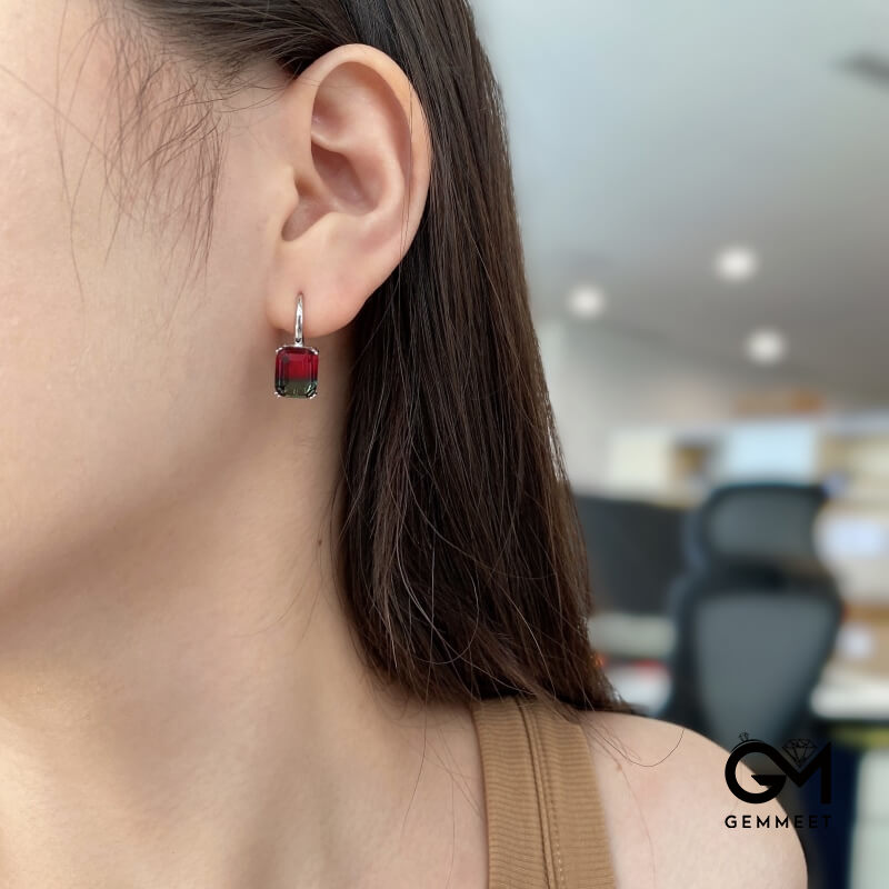 S925 Silver Oblong Red Green Gradient Tourmaline Earrings