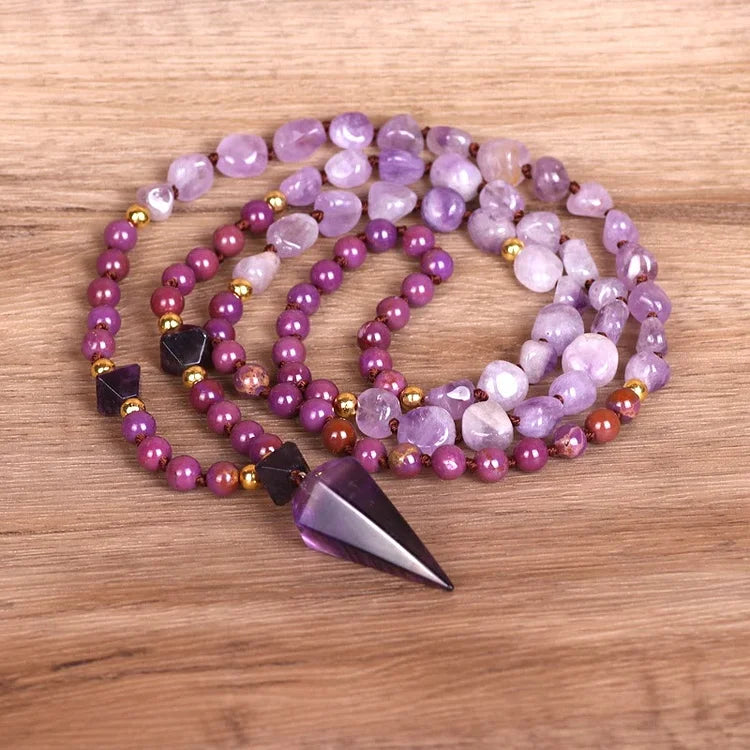 Natural Amethyst Purple Jade Beaded Mala Necklace