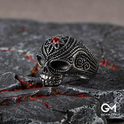 Titanium Steel Skull Ghost Head Flower Red Zircon Ring