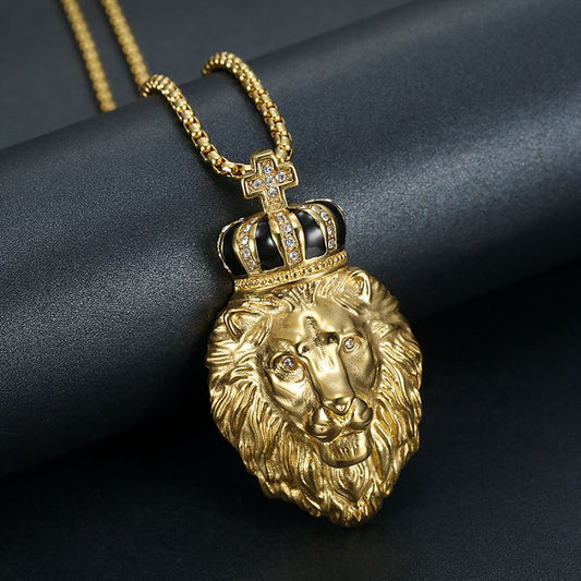 Hip Hop Gold Plated Zircon Crown Lion Head Pendant