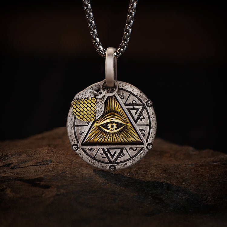 Sterling Silver Vintage Design Round Triangle Horus Eye Of God Pendants Necklace