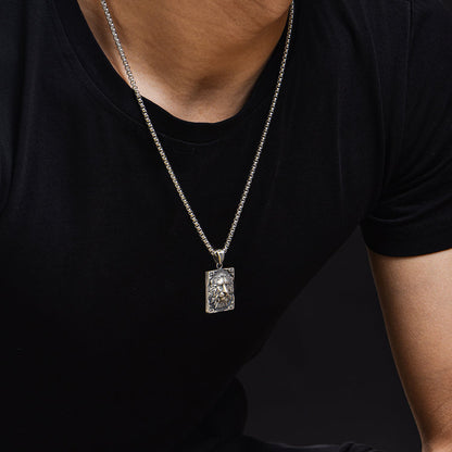 Sterling Silver Square Male Lion Pendants Necklace