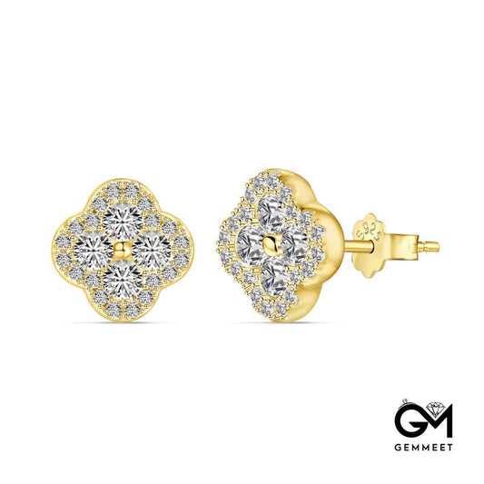 S925 Sterling Silver Leaf Flower Zircon Golden Earrings