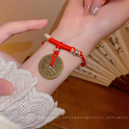 Braided Rope Fringe Bracelet with Copper Coins