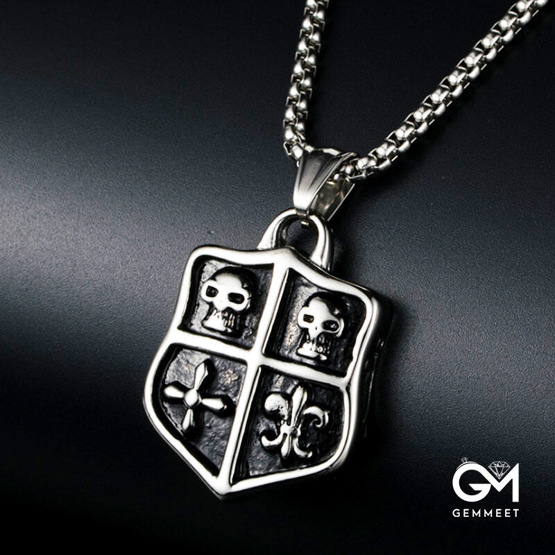 Stainless Steel Punk Skull Shield Pendant Necklace