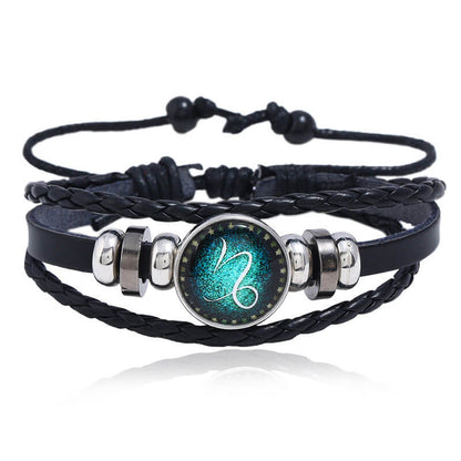 Luminous Twelve Constellation Couple Cowhide Bracelet Multi-Layer Braided Starry Sky Leather Bracelet